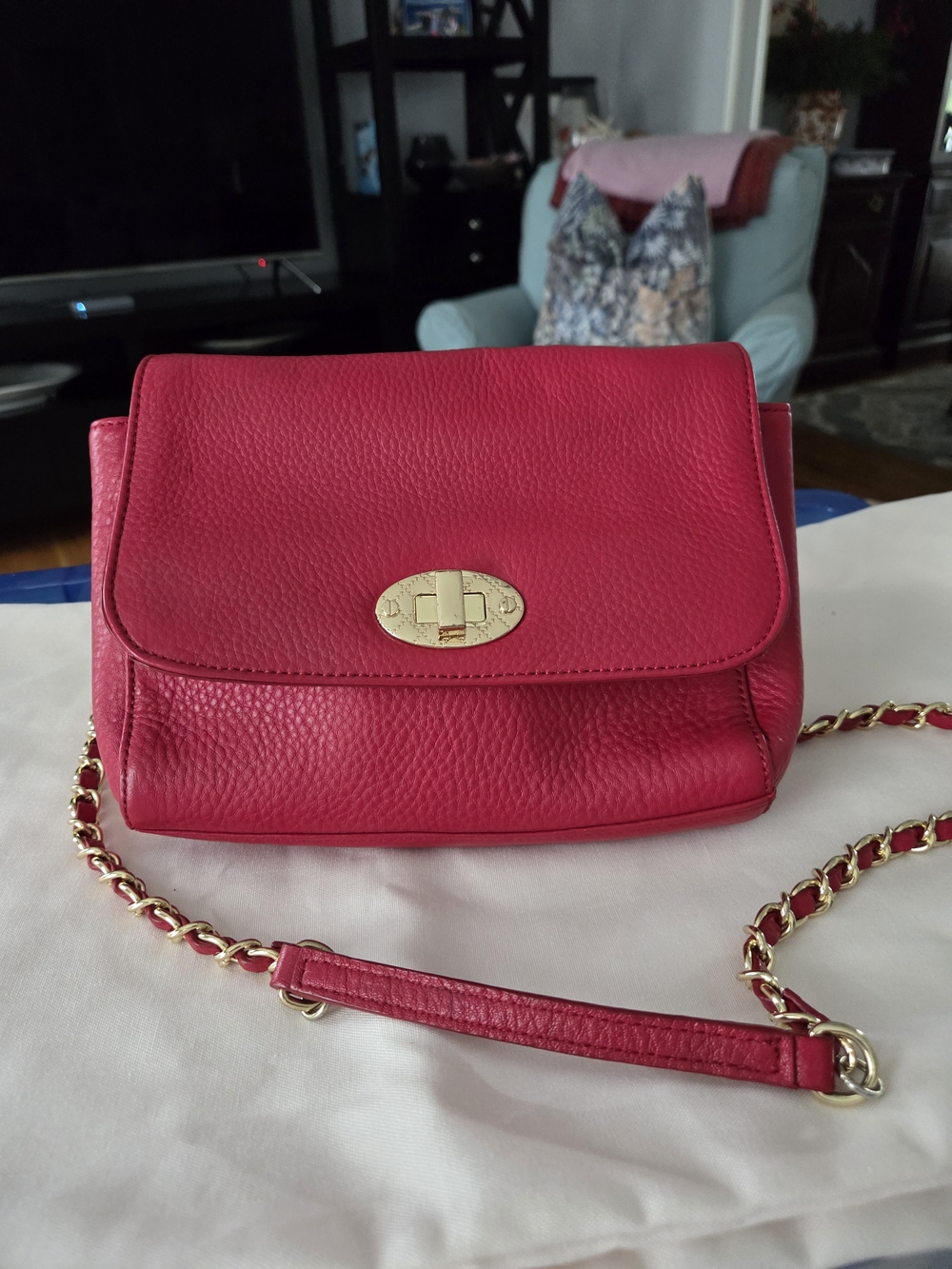 Talbots Red Pebbled Leather Crossbody with Gold Chain